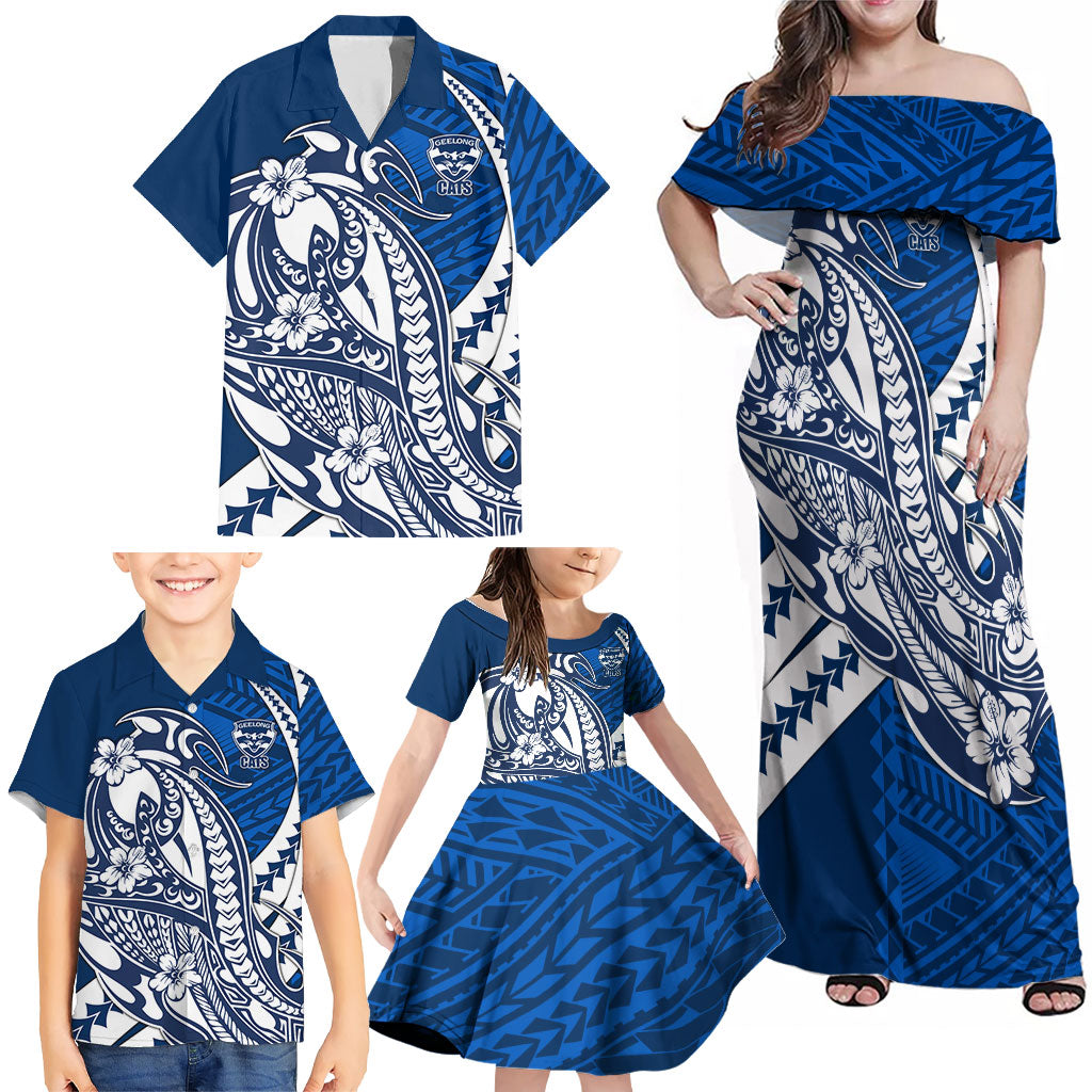 Personalized Geelong Cats Family Matching Off Shoulder Maxi Dress and Hawaiian Shirt Polynesian Tribal Cat Mascot With Hibiscus Floral Art