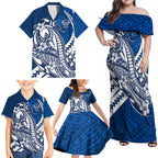 Personalized Geelong Cats Family Matching Off Shoulder Maxi Dress and Hawaiian Shirt Polynesian Tribal Cat Mascot With Hibiscus Floral Art