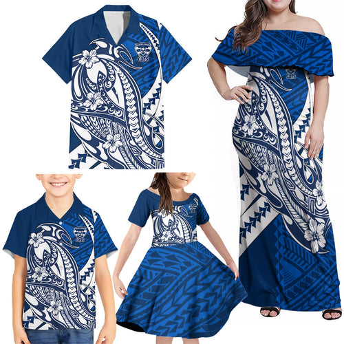 Personalized Geelong Cats Family Matching Off Shoulder Maxi Dress and Hawaiian Shirt Polynesian Tribal Cat Mascot With Hibiscus Floral Art