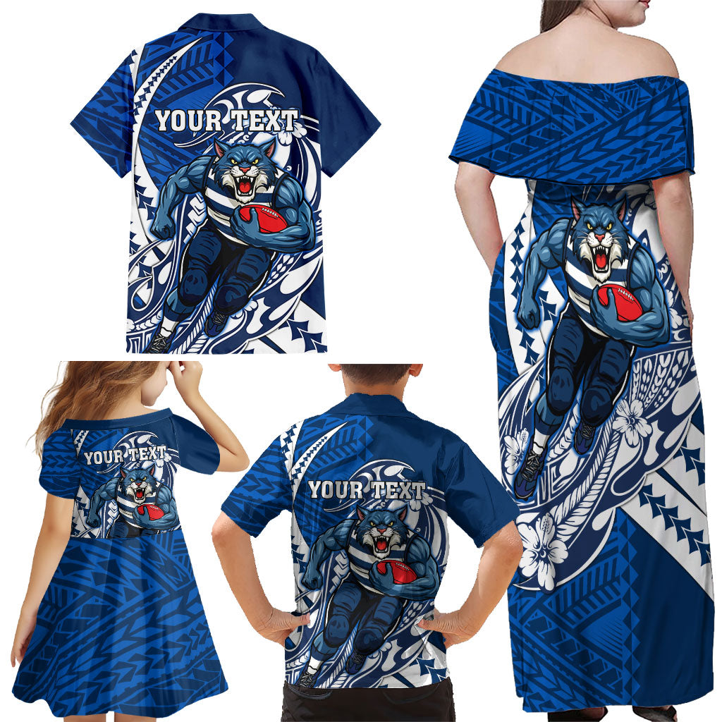 Personalized Geelong Cats Family Matching Off Shoulder Maxi Dress and Hawaiian Shirt Polynesian Tribal Cat Mascot With Hibiscus Floral Art