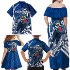 Personalized Geelong Cats Family Matching Off Shoulder Maxi Dress and Hawaiian Shirt Polynesian Tribal Cat Mascot With Hibiscus Floral Art