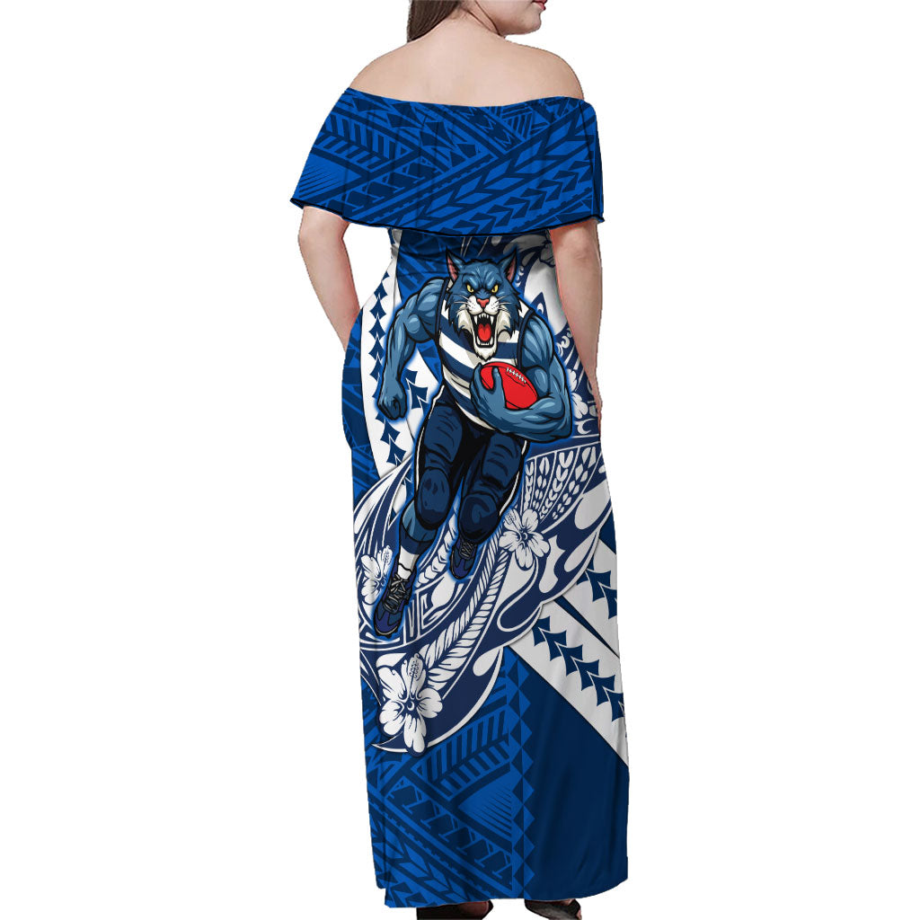 Personalized Geelong Cats Family Matching Off Shoulder Maxi Dress and Hawaiian Shirt Polynesian Tribal Cat Mascot With Hibiscus Floral Art