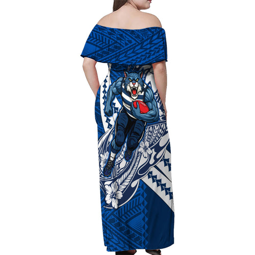 Personalized Geelong Cats Family Matching Off Shoulder Maxi Dress and Hawaiian Shirt Polynesian Tribal Cat Mascot With Hibiscus Floral Art