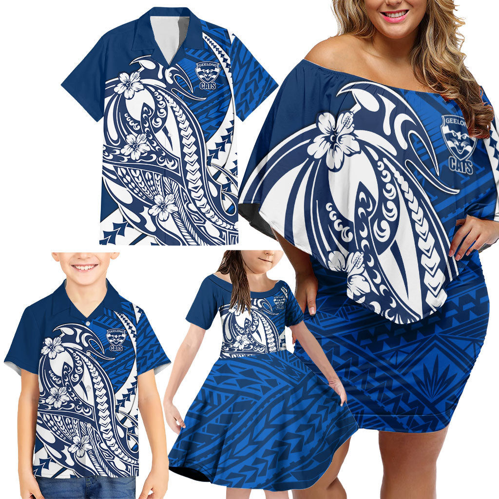 Personalized Geelong Cats Family Matching Off Shoulder Short Dress and Hawaiian Shirt Polynesian Tribal Cat Mascot With Hibiscus Floral Art