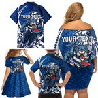 Personalized Geelong Cats Family Matching Off Shoulder Short Dress and Hawaiian Shirt Polynesian Tribal Cat Mascot With Hibiscus Floral Art