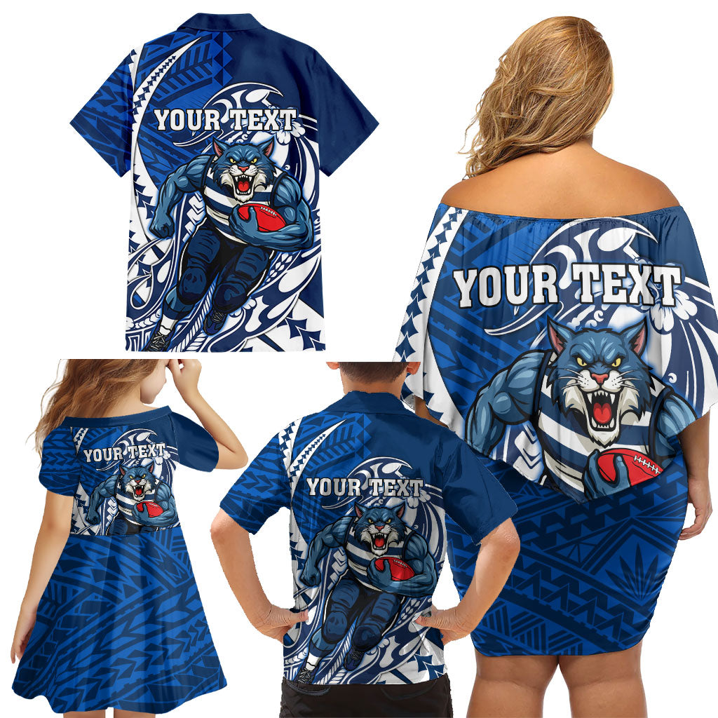 Personalized Geelong Cats Family Matching Off Shoulder Short Dress and Hawaiian Shirt Polynesian Tribal Cat Mascot With Hibiscus Floral Art