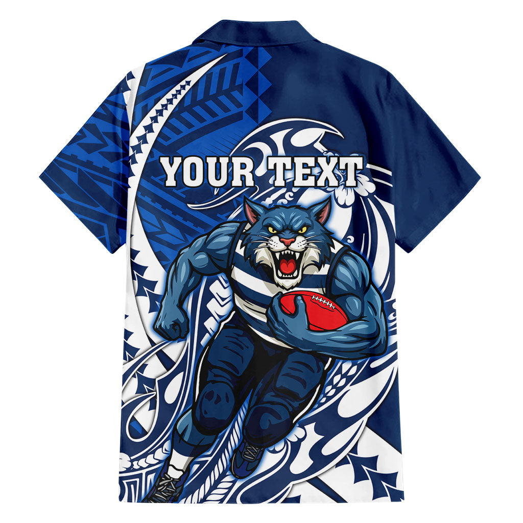 Personalized Geelong Cats Family Matching Off Shoulder Short Dress and Hawaiian Shirt Polynesian Tribal Cat Mascot With Hibiscus Floral Art