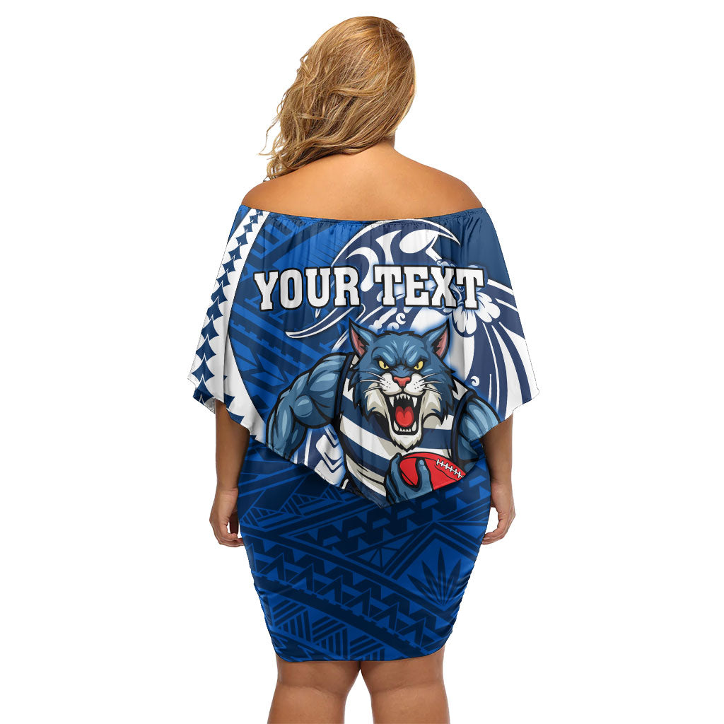Personalized Geelong Cats Family Matching Off Shoulder Short Dress and Hawaiian Shirt Polynesian Tribal Cat Mascot With Hibiscus Floral Art