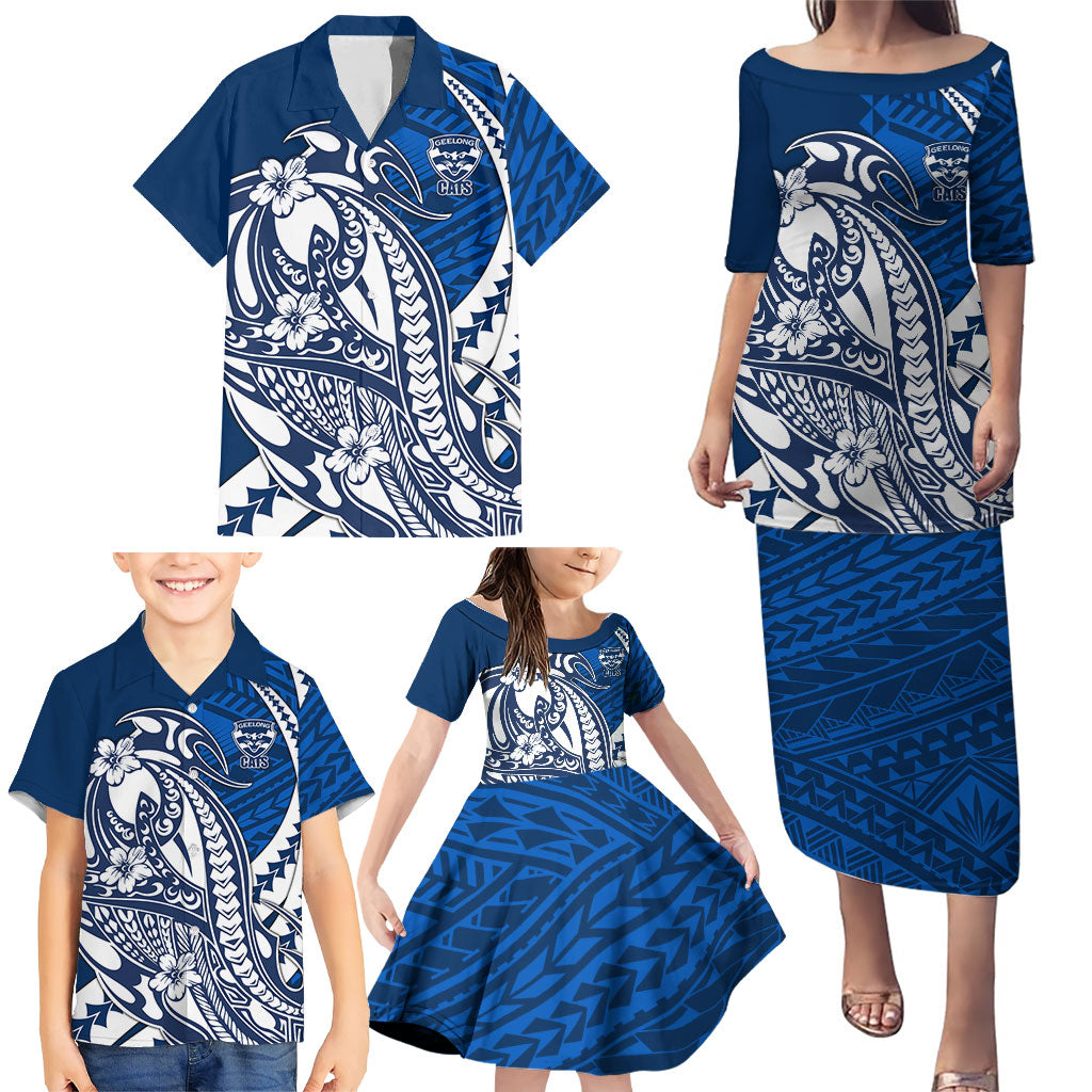 Personalized Geelong Cats Family Matching Puletasi and Hawaiian Shirt Polynesian Tribal Cat Mascot With Hibiscus Floral Art