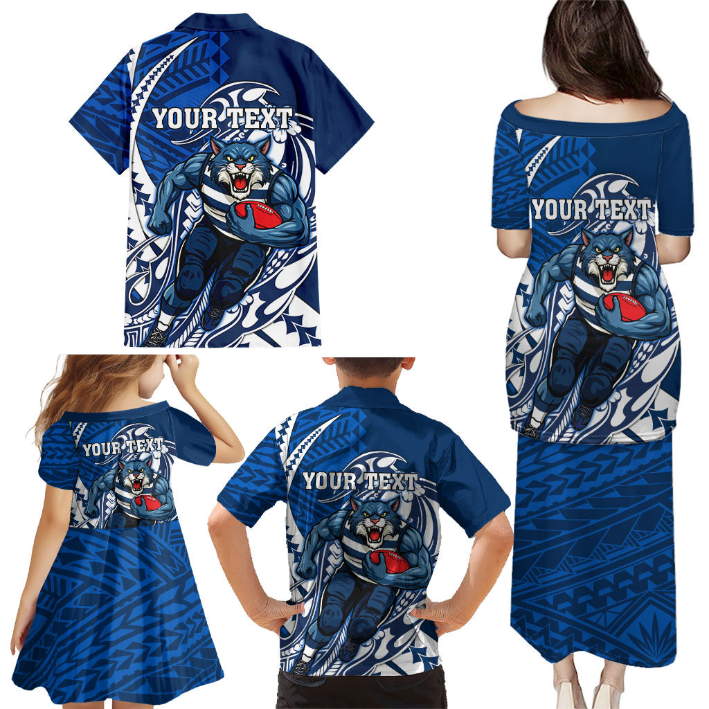 Personalized Geelong Cats Family Matching Puletasi and Hawaiian Shirt Polynesian Tribal Cat Mascot With Hibiscus Floral Art