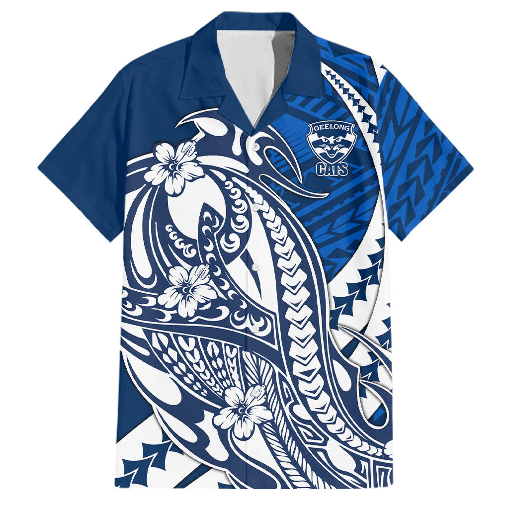 Personalized Geelong Cats Family Matching Puletasi and Hawaiian Shirt Polynesian Tribal Cat Mascot With Hibiscus Floral Art