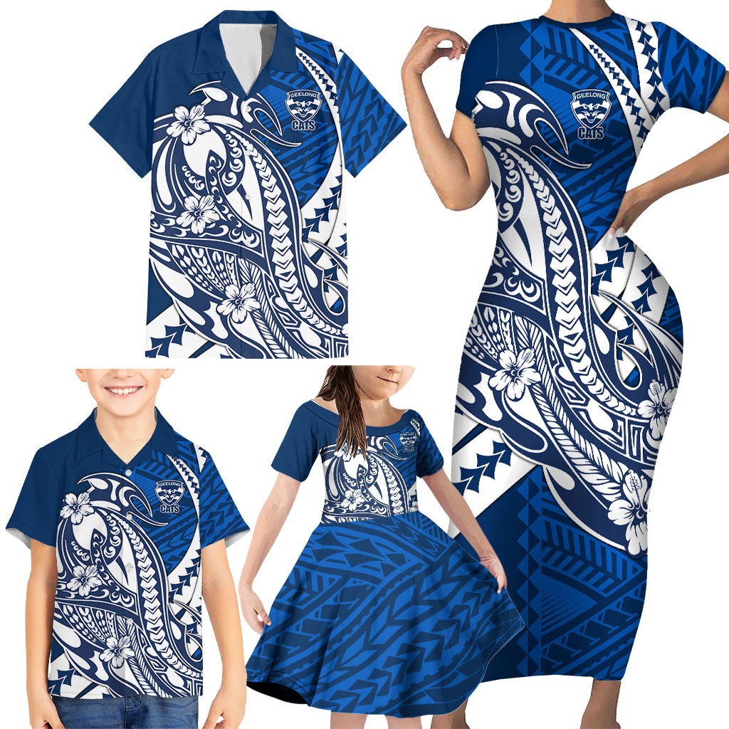 Personalized Geelong Cats Family Matching Short Sleeve Bodycon Dress and Hawaiian Shirt Polynesian Tribal Cat Mascot With Hibiscus Floral Art