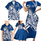 Personalized Geelong Cats Family Matching Short Sleeve Bodycon Dress and Hawaiian Shirt Polynesian Tribal Cat Mascot With Hibiscus Floral Art