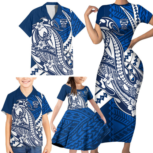 Personalized Geelong Cats Family Matching Short Sleeve Bodycon Dress and Hawaiian Shirt Polynesian Tribal Cat Mascot With Hibiscus Floral Art