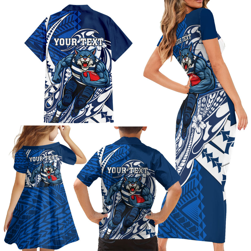 Personalized Geelong Cats Family Matching Short Sleeve Bodycon Dress and Hawaiian Shirt Polynesian Tribal Cat Mascot With Hibiscus Floral Art
