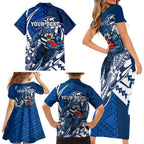 Personalized Geelong Cats Family Matching Short Sleeve Bodycon Dress and Hawaiian Shirt Polynesian Tribal Cat Mascot With Hibiscus Floral Art