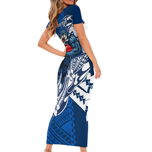 Personalized Geelong Cats Family Matching Short Sleeve Bodycon Dress and Hawaiian Shirt Polynesian Tribal Cat Mascot With Hibiscus Floral Art