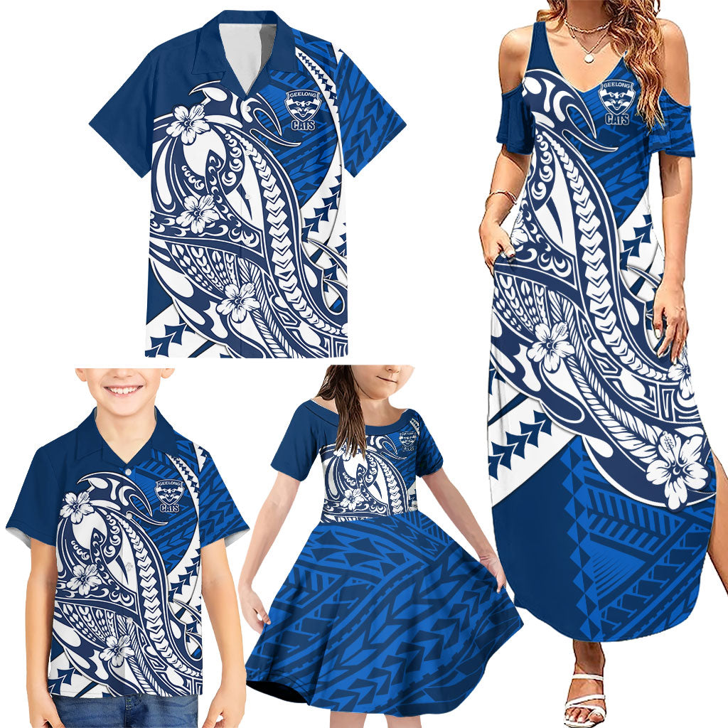 Personalized Geelong Cats Family Matching Summer Maxi Dress and Hawaiian Shirt Polynesian Tribal Cat Mascot With Hibiscus Floral Art