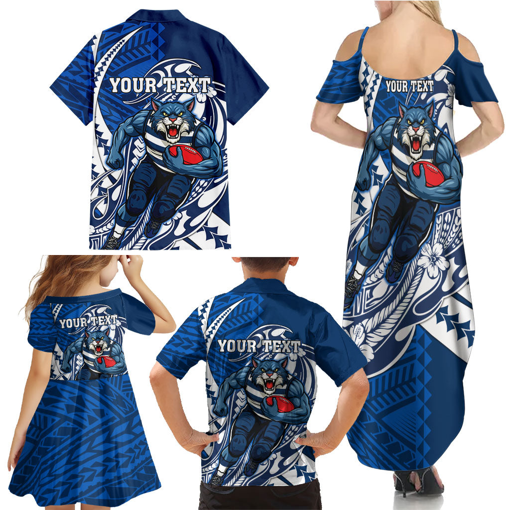 Personalized Geelong Cats Family Matching Summer Maxi Dress and Hawaiian Shirt Polynesian Tribal Cat Mascot With Hibiscus Floral Art