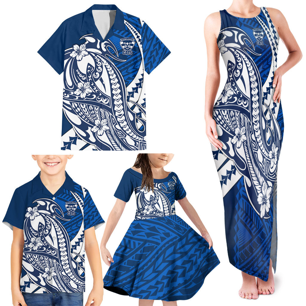 Personalized Geelong Cats Family Matching Tank Maxi Dress and Hawaiian Shirt Polynesian Tribal Cat Mascot With Hibiscus Floral Art