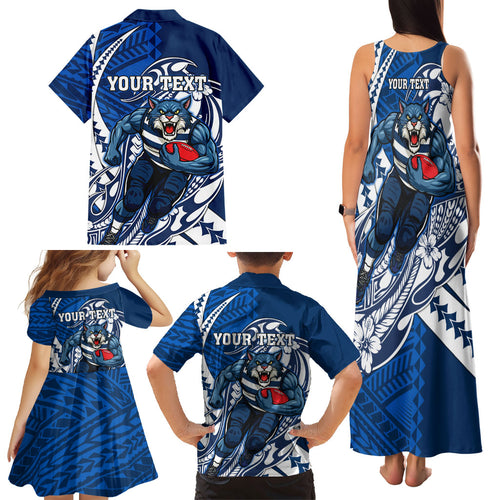 Personalized Geelong Cats Family Matching Tank Maxi Dress and Hawaiian Shirt Polynesian Tribal Cat Mascot With Hibiscus Floral Art