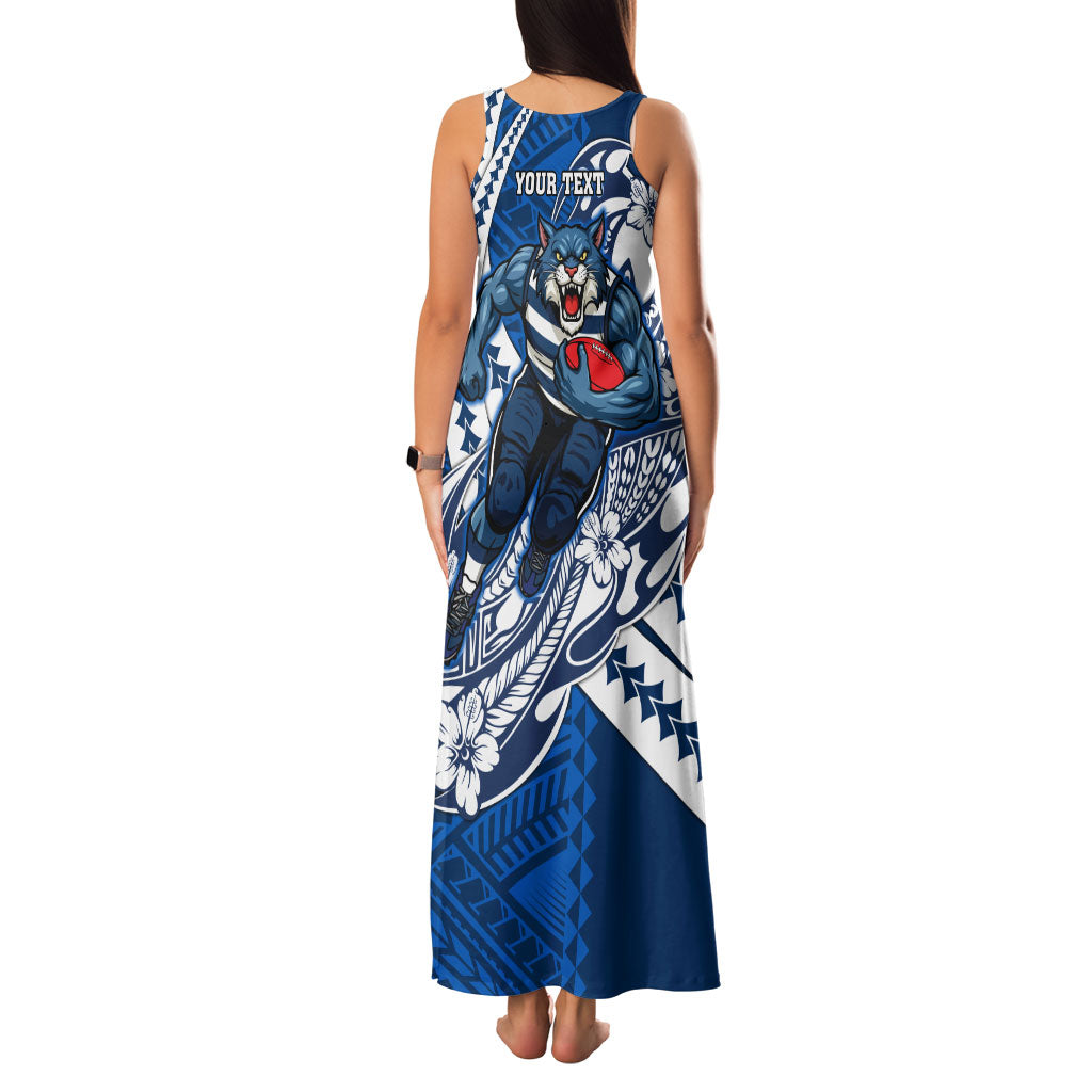 Personalized Geelong Cats Family Matching Tank Maxi Dress and Hawaiian Shirt Polynesian Tribal Cat Mascot With Hibiscus Floral Art