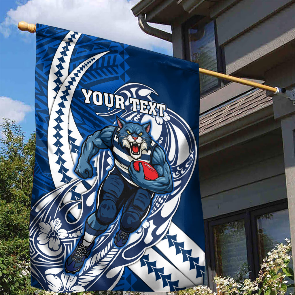 Personalized Geelong Cats Garden Flag Polynesian Tribal Cat Mascot With Hibiscus Floral Art