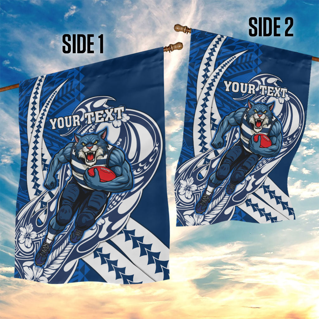 Personalized Geelong Cats Garden Flag Polynesian Tribal Cat Mascot With Hibiscus Floral Art