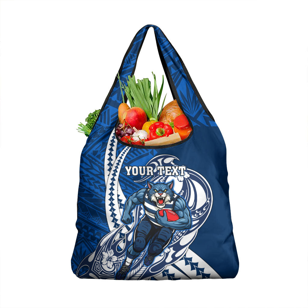 Personalized Geelong Cats Grocery Bag Polynesian Tribal Cat Mascot With Hibiscus Floral Art