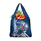 Personalized Geelong Cats Grocery Bag Polynesian Tribal Cat Mascot With Hibiscus Floral Art