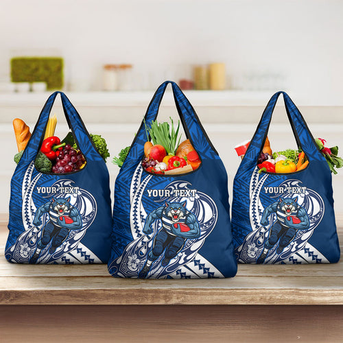 Personalized Geelong Cats Grocery Bag Polynesian Tribal Cat Mascot With Hibiscus Floral Art