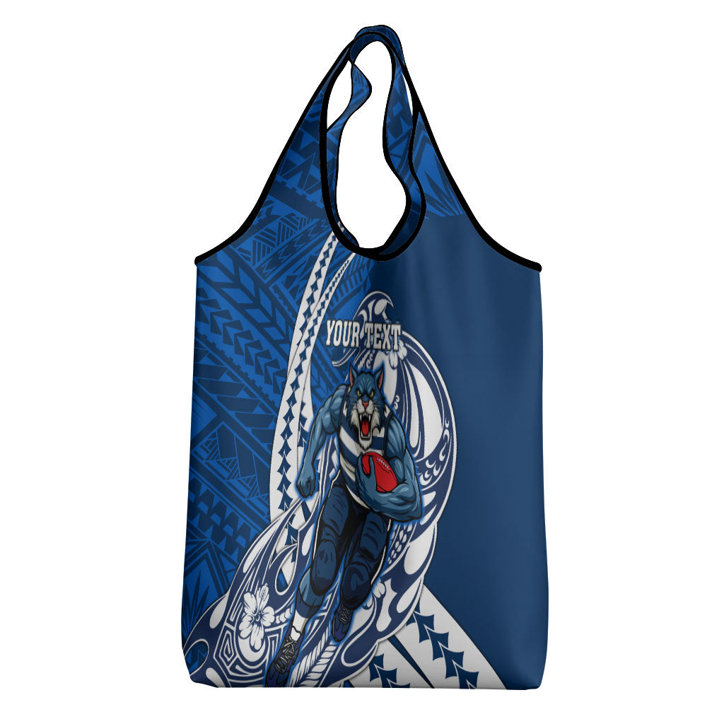 Personalized Geelong Cats Grocery Bag Polynesian Tribal Cat Mascot With Hibiscus Floral Art
