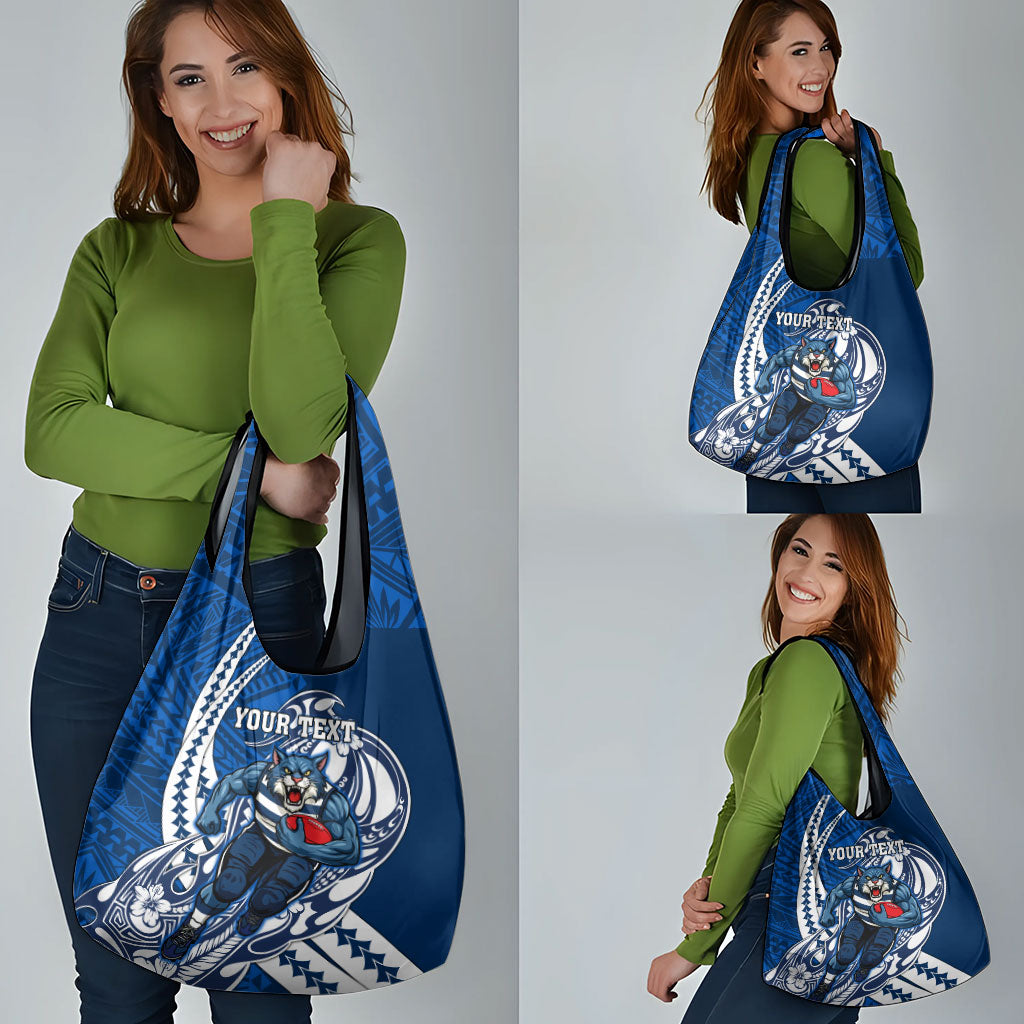 Personalized Geelong Cats Grocery Bag Polynesian Tribal Cat Mascot With Hibiscus Floral Art