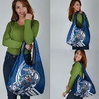 Personalized Geelong Cats Grocery Bag Polynesian Tribal Cat Mascot With Hibiscus Floral Art
