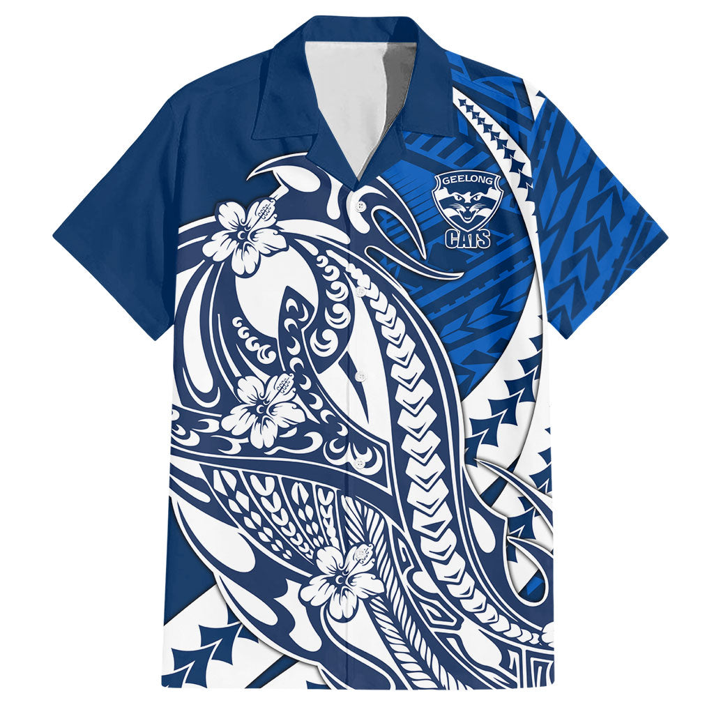 Personalized Geelong Cats Hawaiian Shirt Polynesian Tribal Cat Mascot With Hibiscus Floral Art