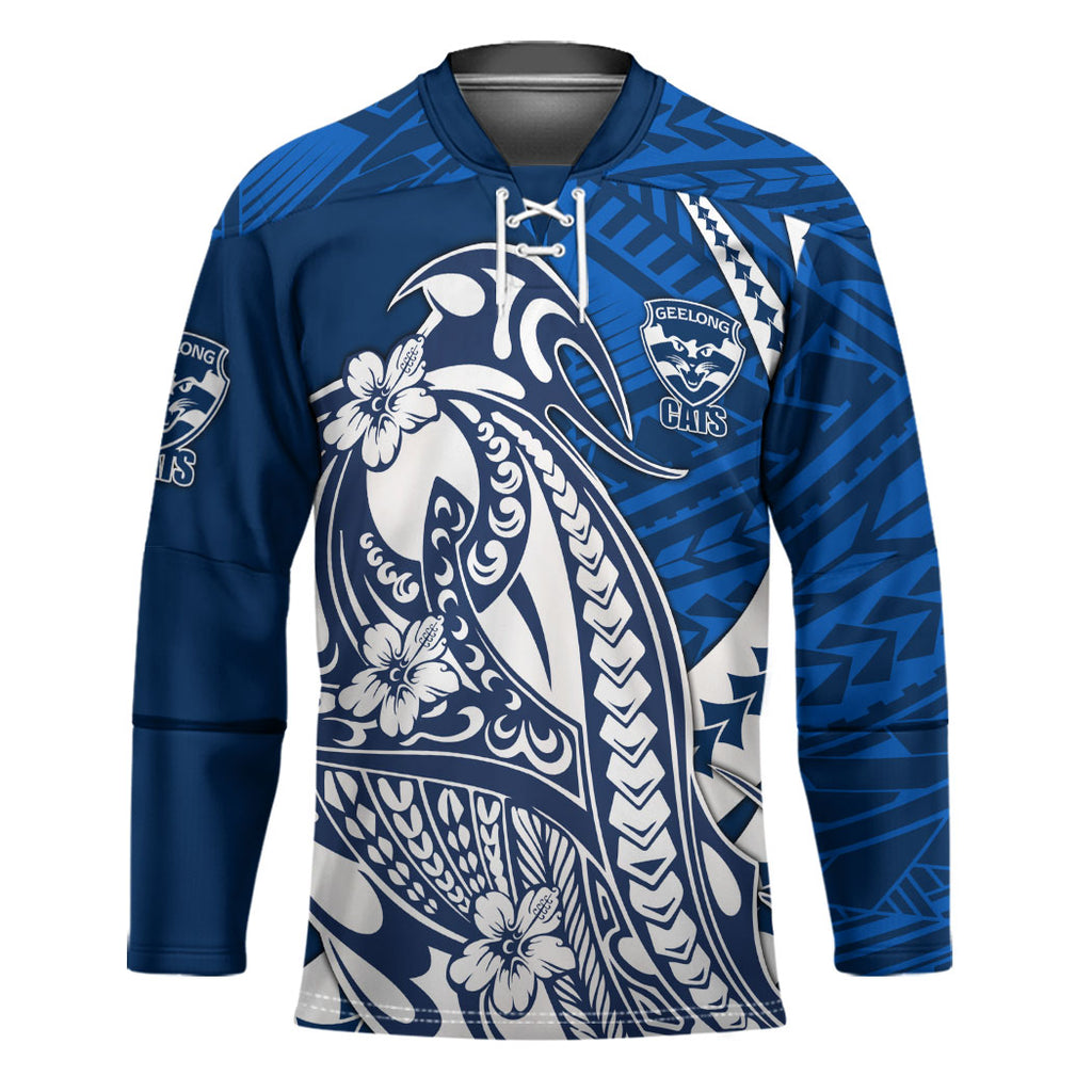 Personalized Geelong Cats Hockey Jersey Polynesian Tribal Cat Mascot With Hibiscus Floral Art