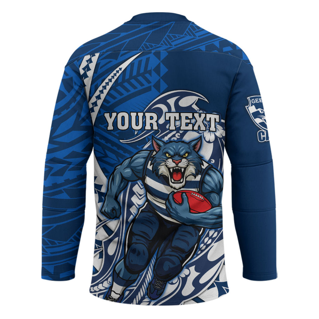 Personalized Geelong Cats Hockey Jersey Polynesian Tribal Cat Mascot With Hibiscus Floral Art