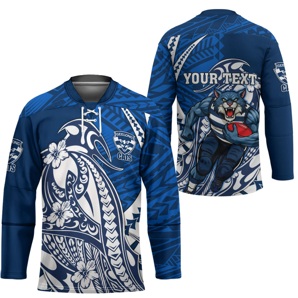 Personalized Geelong Cats Hockey Jersey Polynesian Tribal Cat Mascot With Hibiscus Floral Art