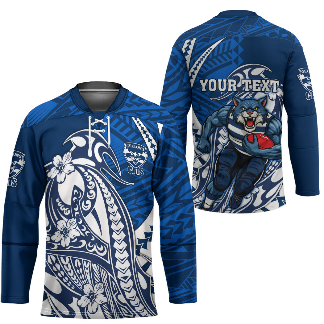 Personalized Geelong Cats Hockey Jersey Polynesian Tribal Cat Mascot With Hibiscus Floral Art