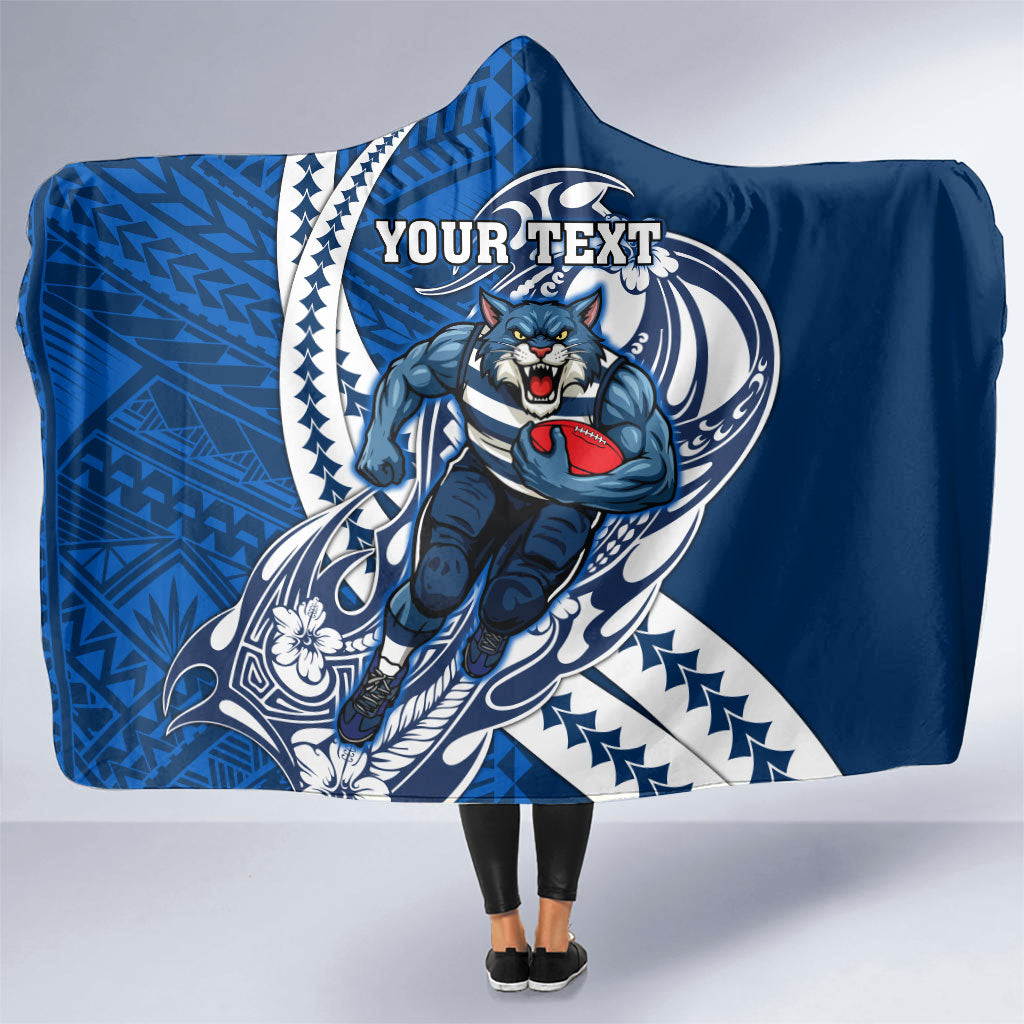 Personalized Geelong Cats Hooded Blanket Polynesian Tribal Cat Mascot With Hibiscus Floral Art