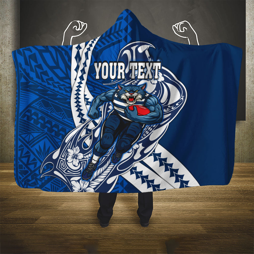 Personalized Geelong Cats Hooded Blanket Polynesian Tribal Cat Mascot With Hibiscus Floral Art