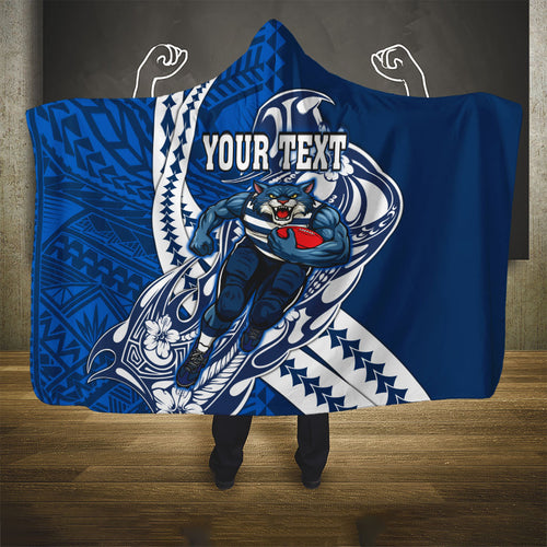 Personalized Geelong Cats Hooded Blanket Polynesian Tribal Cat Mascot With Hibiscus Floral Art