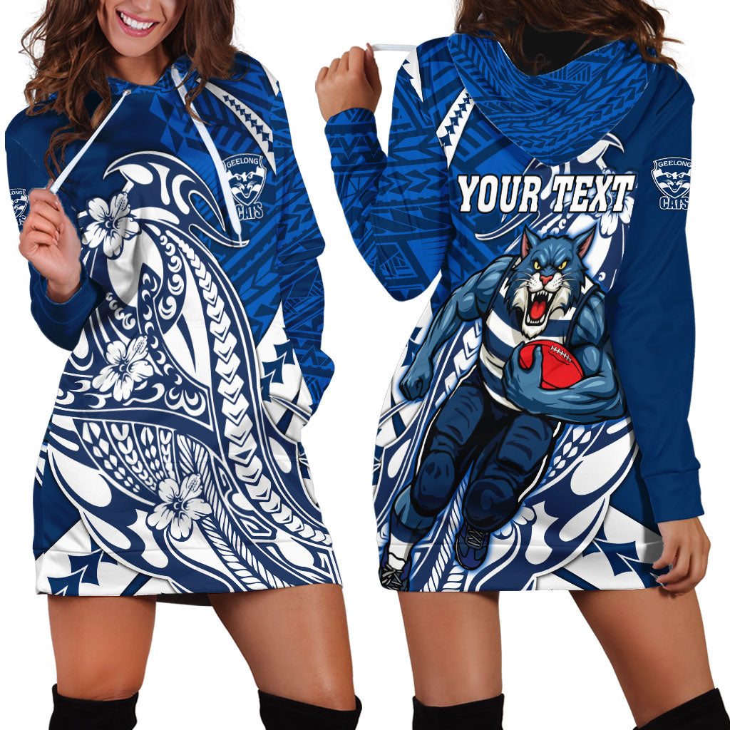 Personalized Geelong Cats Hoodie Dress Polynesian Tribal Cat Mascot With Hibiscus Floral Art