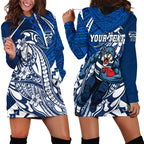 Personalized Geelong Cats Hoodie Dress Polynesian Tribal Cat Mascot With Hibiscus Floral Art