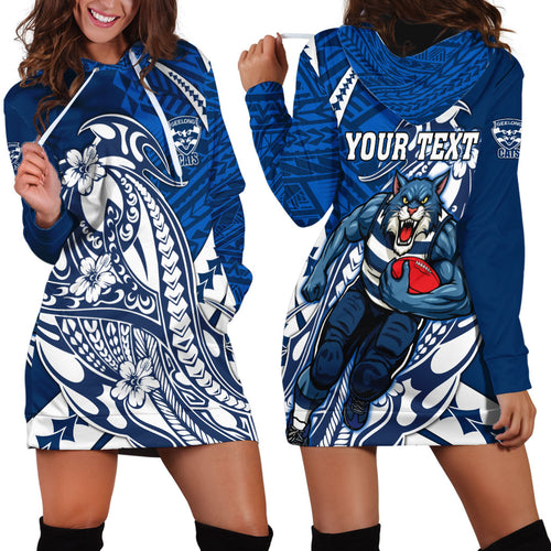 Personalized Geelong Cats Hoodie Dress Polynesian Tribal Cat Mascot With Hibiscus Floral Art