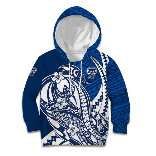 Personalized Geelong Cats Kid Hoodie Polynesian Tribal Cat Mascot With Hibiscus Floral Art