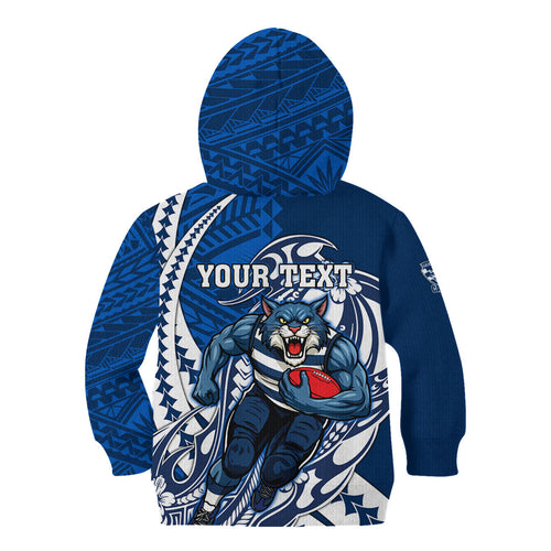 Personalized Geelong Cats Kid Hoodie Polynesian Tribal Cat Mascot With Hibiscus Floral Art