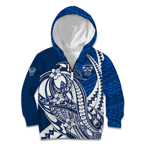Personalized Geelong Cats Kid Hoodie Polynesian Tribal Cat Mascot With Hibiscus Floral Art