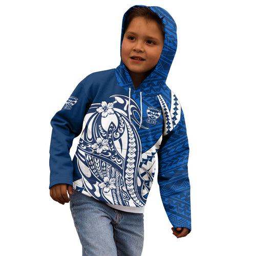 Personalized Geelong Cats Kid Hoodie Polynesian Tribal Cat Mascot With Hibiscus Floral Art