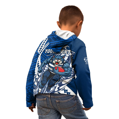 Personalized Geelong Cats Kid Hoodie Polynesian Tribal Cat Mascot With Hibiscus Floral Art